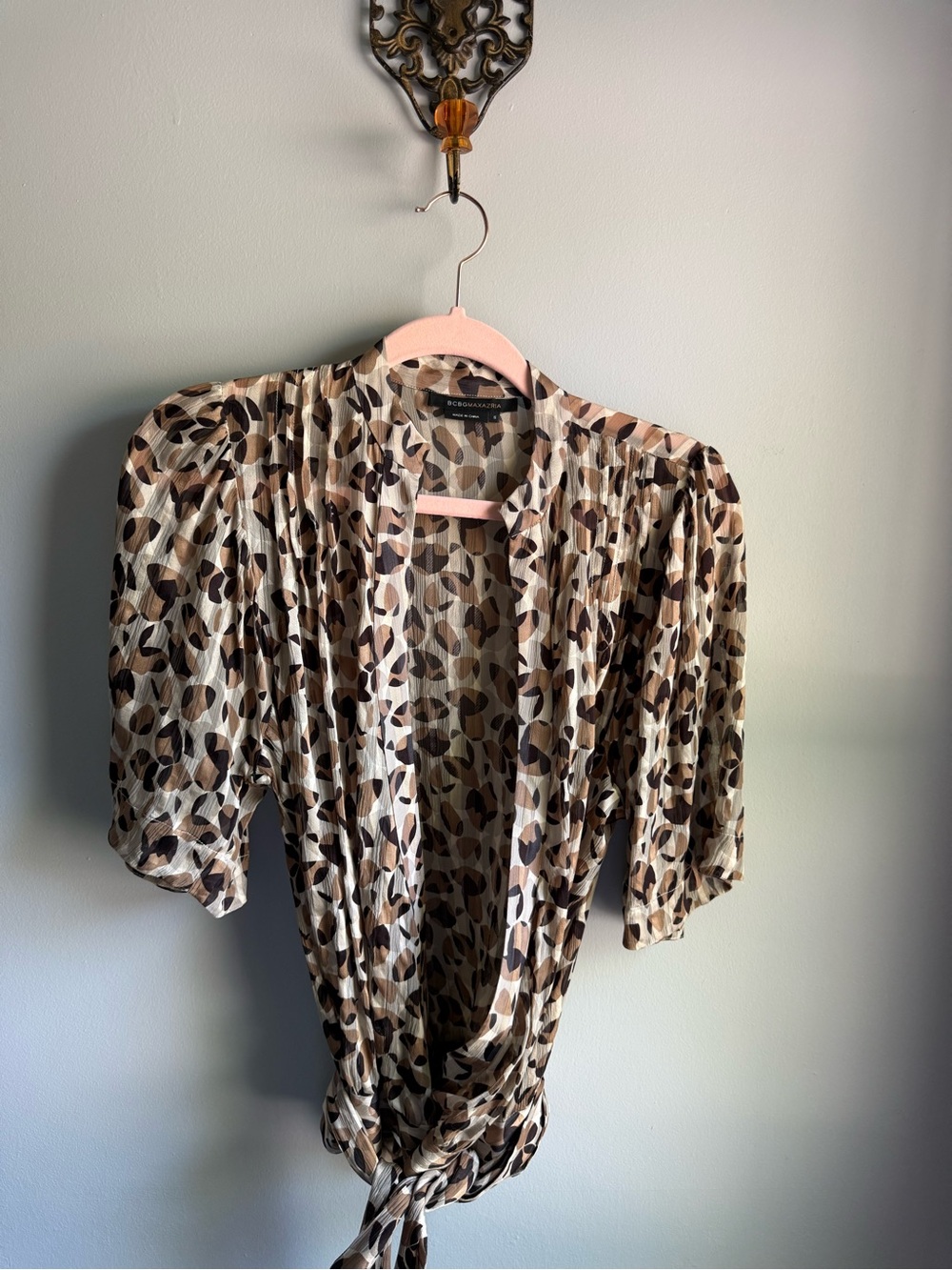 BCBGMaxAzria Black, Brown and Cream Geometric Print 100% Silk Blouse Size S